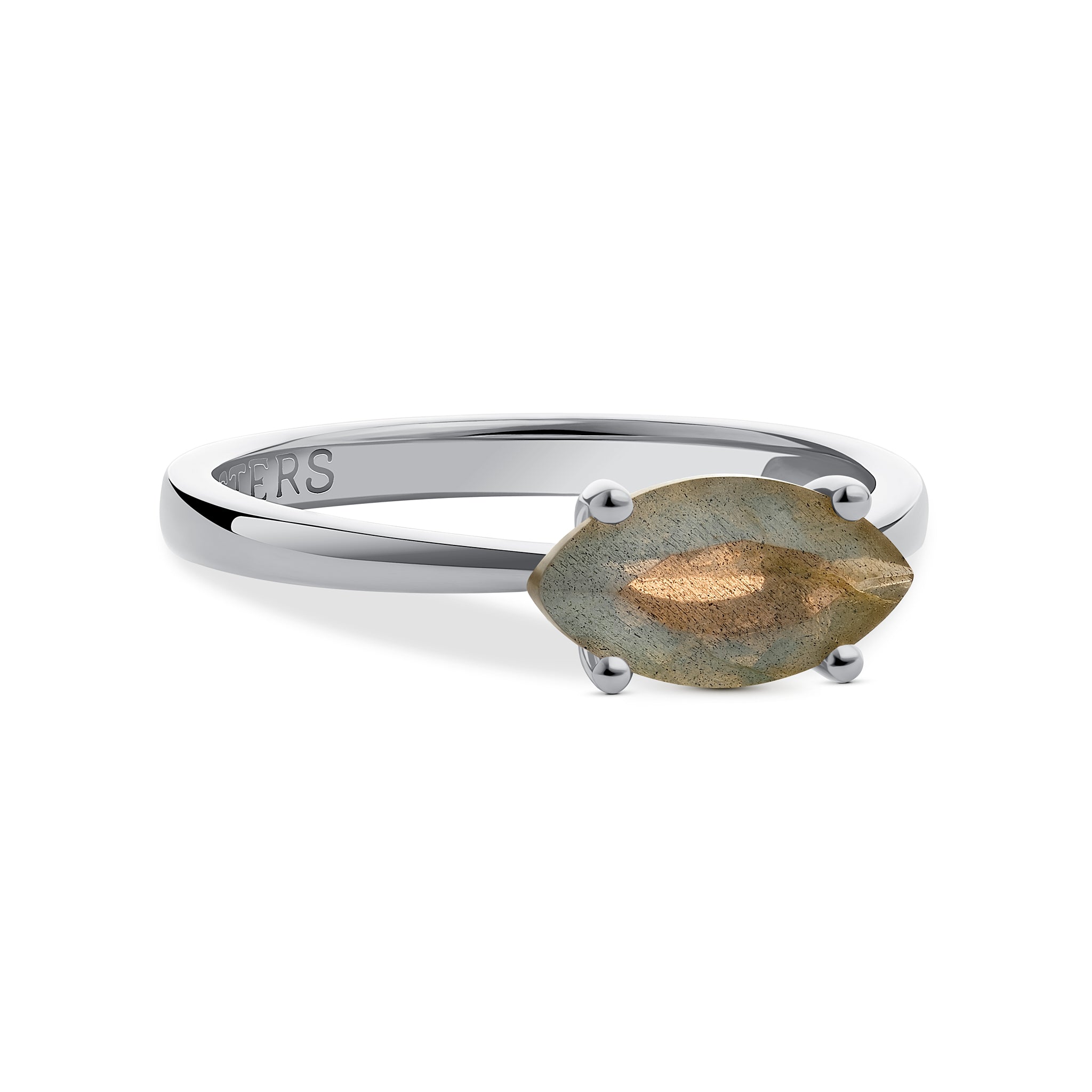 Marquise-cut labradorite ring in sterling silver or gold plated silver with iridescent gemstone