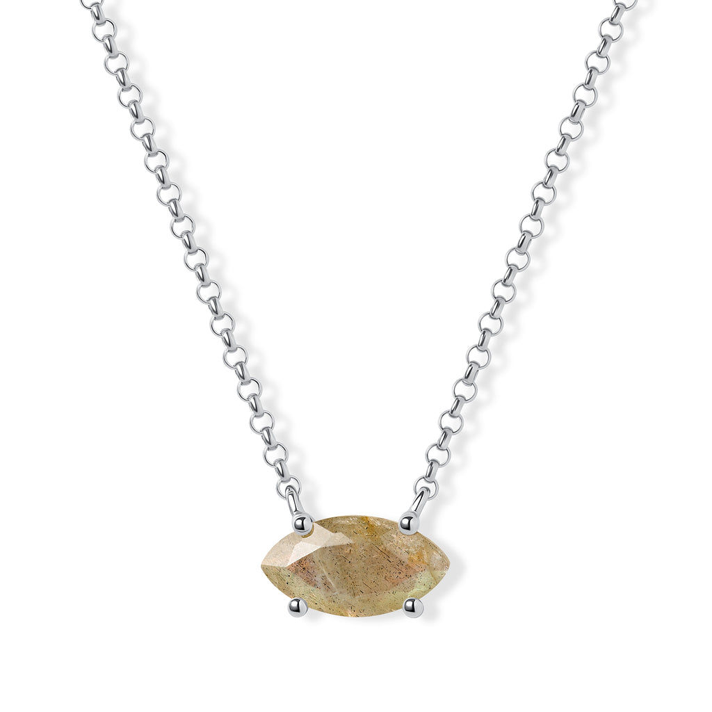 Marquise-cut labradorite necklace in sterling silver with iridescent flashes